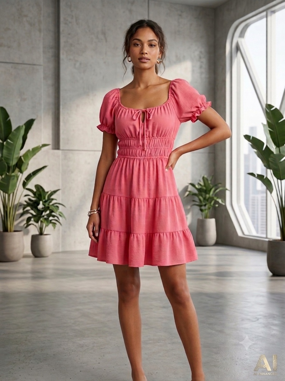 Liberty Love Pink Tiered Square-Neck Mini Dress